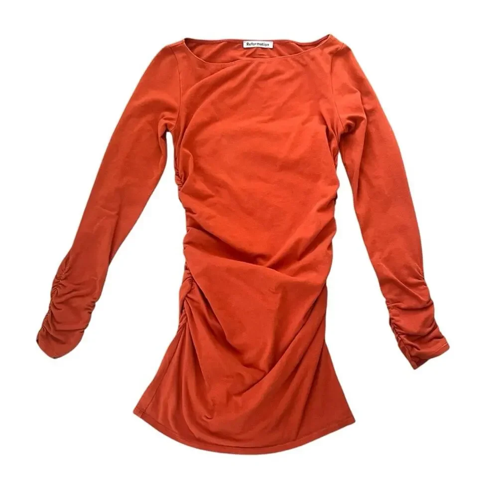 Reformation Women’s Lucio Blood Orange Long Sleeve Ruched Knit Mini Dress Size S